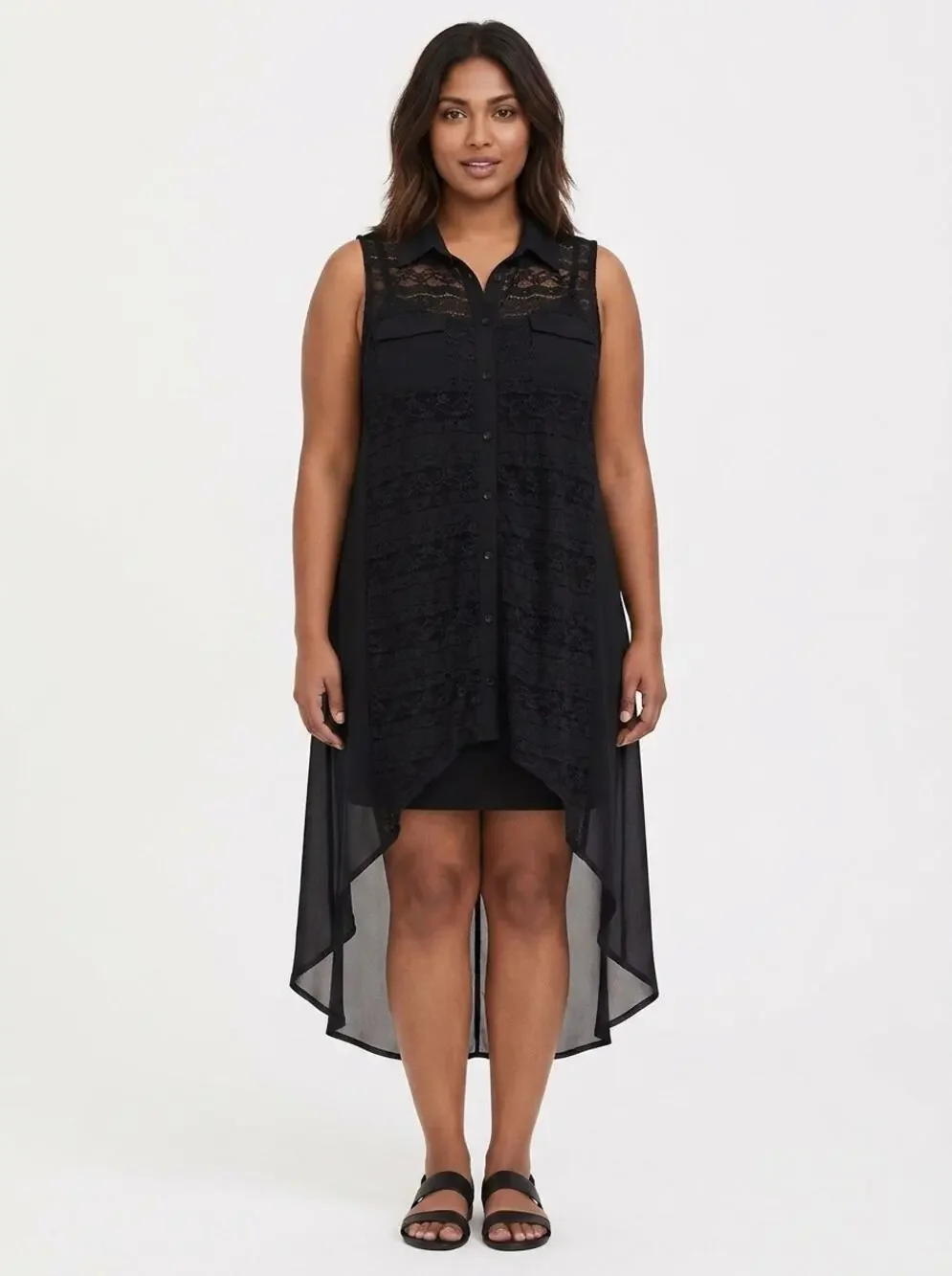 Adrianna Papell Black Collared Lace Shirt Dress Hi-Low Women Size M